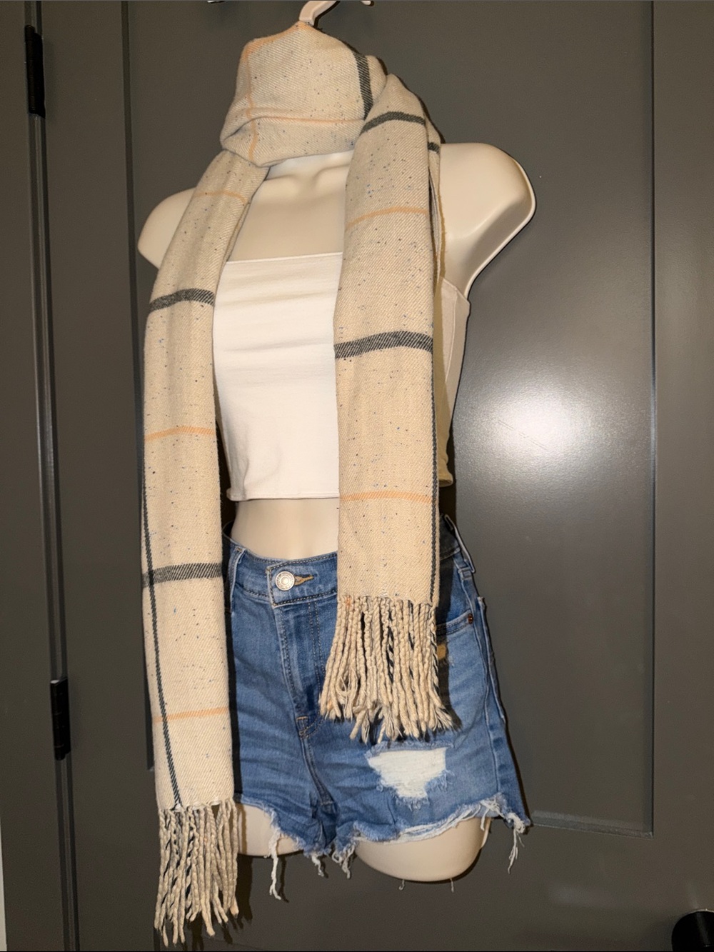 Universal Thread Cream Plaid Fringe Scarf